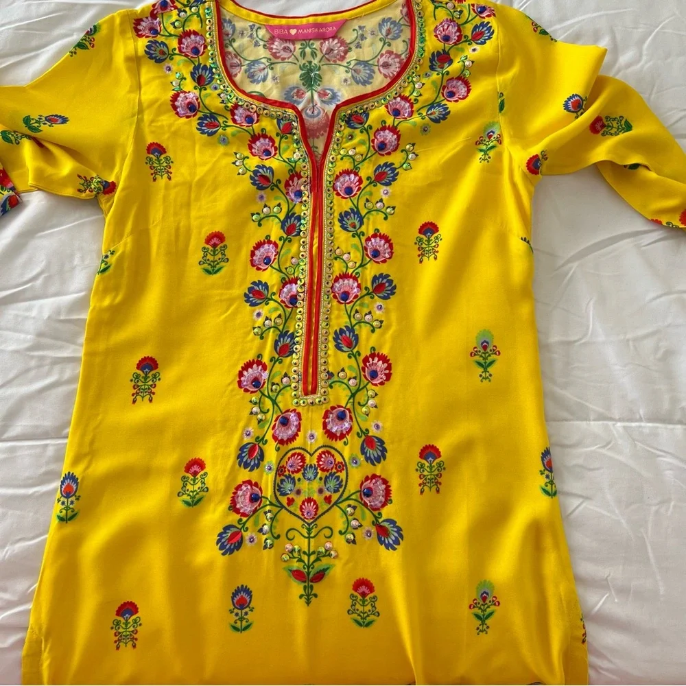 Biba Manish Arora Yellow Kurta Dress Sequined Floral Design Diwali Weddi… - Picture 7 of 11